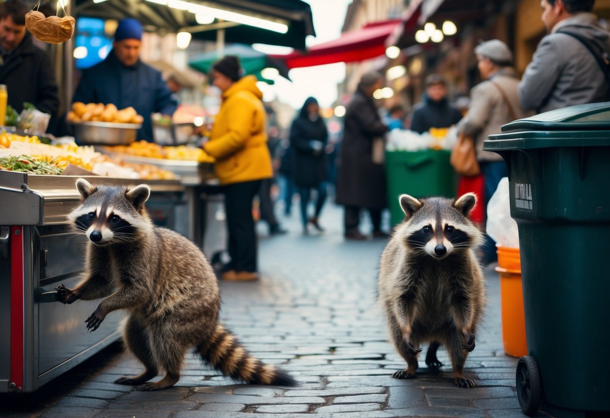 Two raccoons roam through a bustling Italian market, one peering mischievously at a street food vendor while the other investigates a trash bin