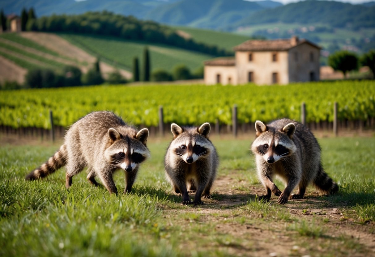 A group of raccoons frolic in a picturesque Italian countryside, surrounded by rolling hills and vineyards. A rustic farmhouse sits in the distance