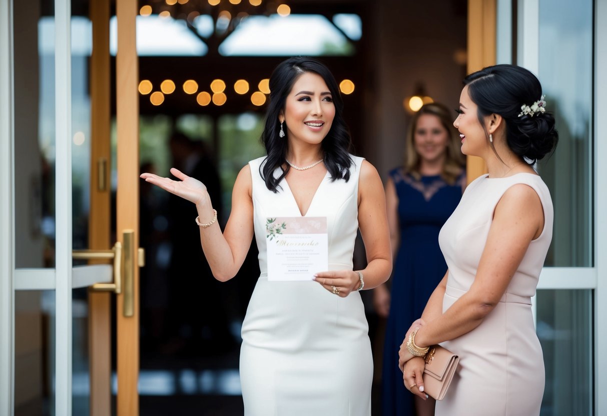 A woman standing at the entrance of a wedding venue, holding a wedding invitation and gesturing to a woman standing beside her