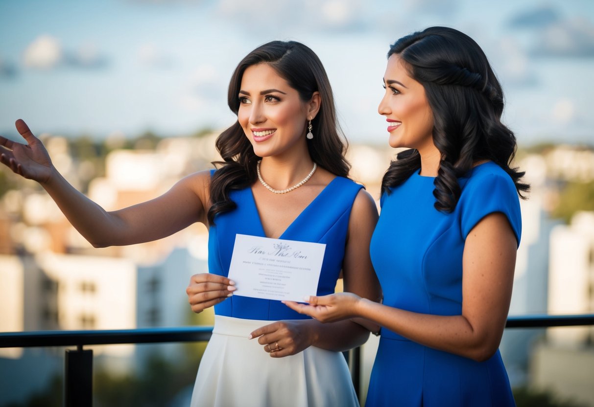 A woman holding a wedding invitation and gesturing towards her sister, who is standing beside her, looking hopeful