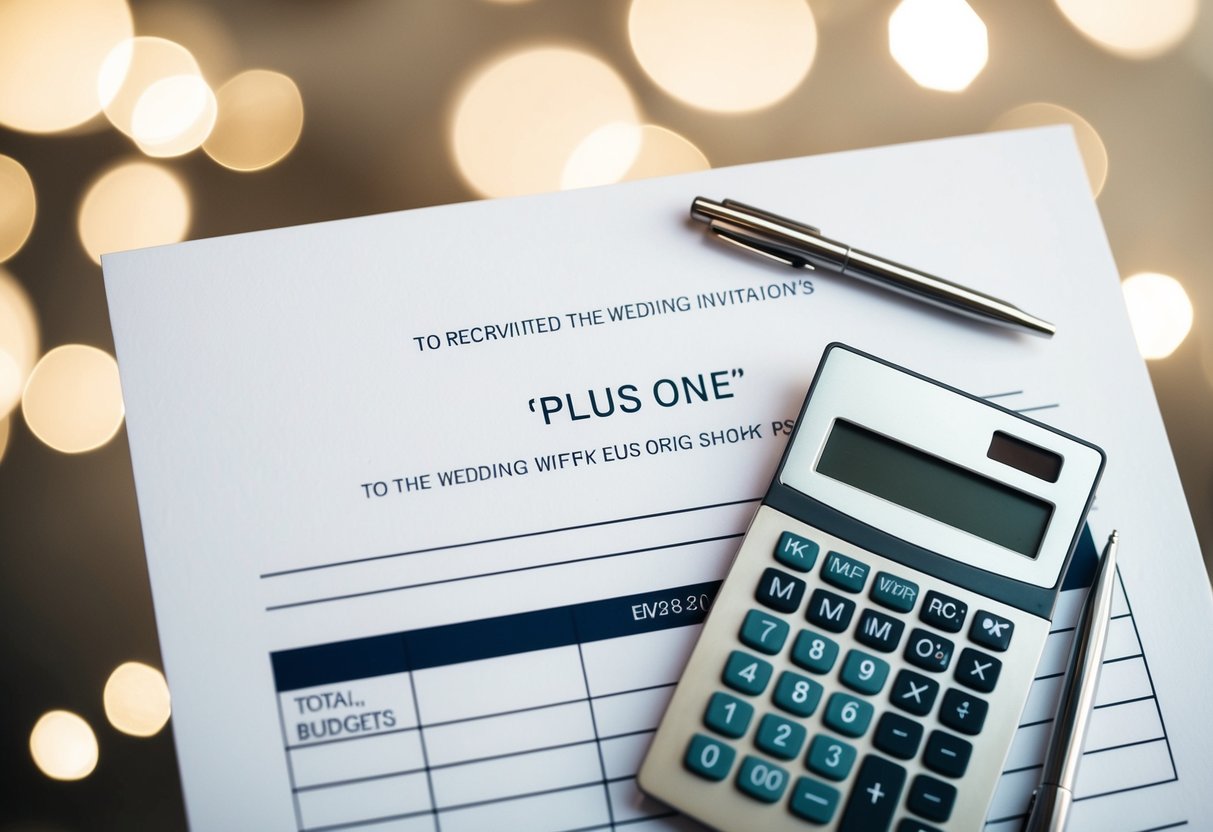 A wedding invitation with a blank “plus one” line and a calculator with a budget sheet