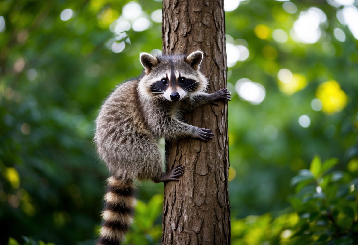 A raccoon with distinctive facial markings and a ringed tail climbs a tree in a lush forest setting