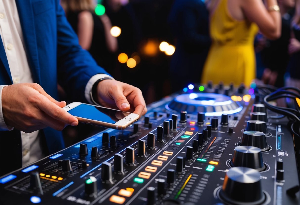 A person plugs their phone into a DJ mixer and adjusts the settings, preparing to play music at a party