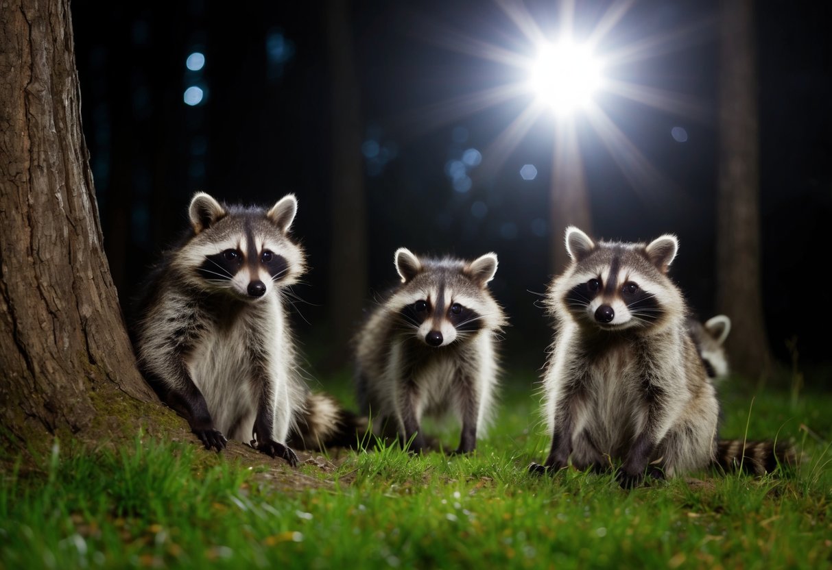 A group of raccoons recoiling from a bright, flashing light in a dark, wooded area
