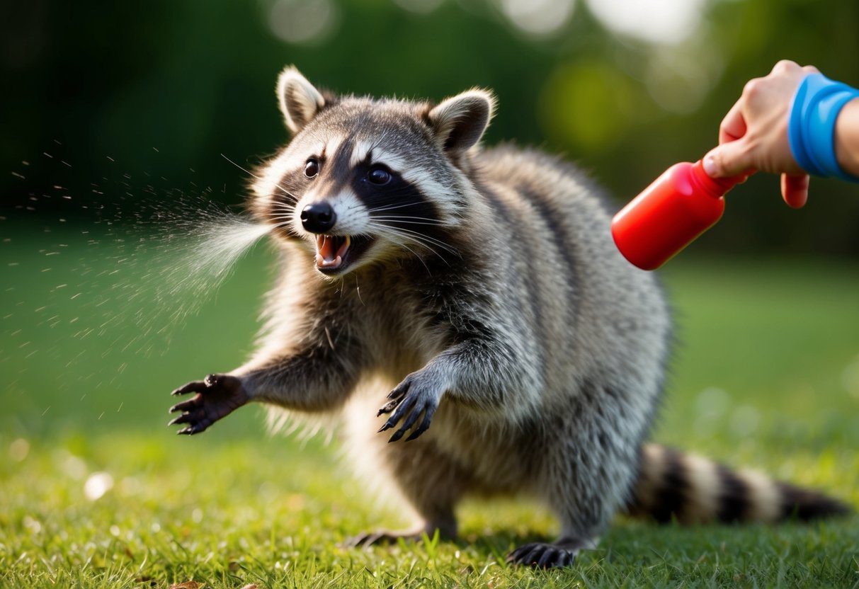 A raccoon recoiling from a strong-smelling repellent, such as ammonia or hot pepper spray, with a look of disgust on its face