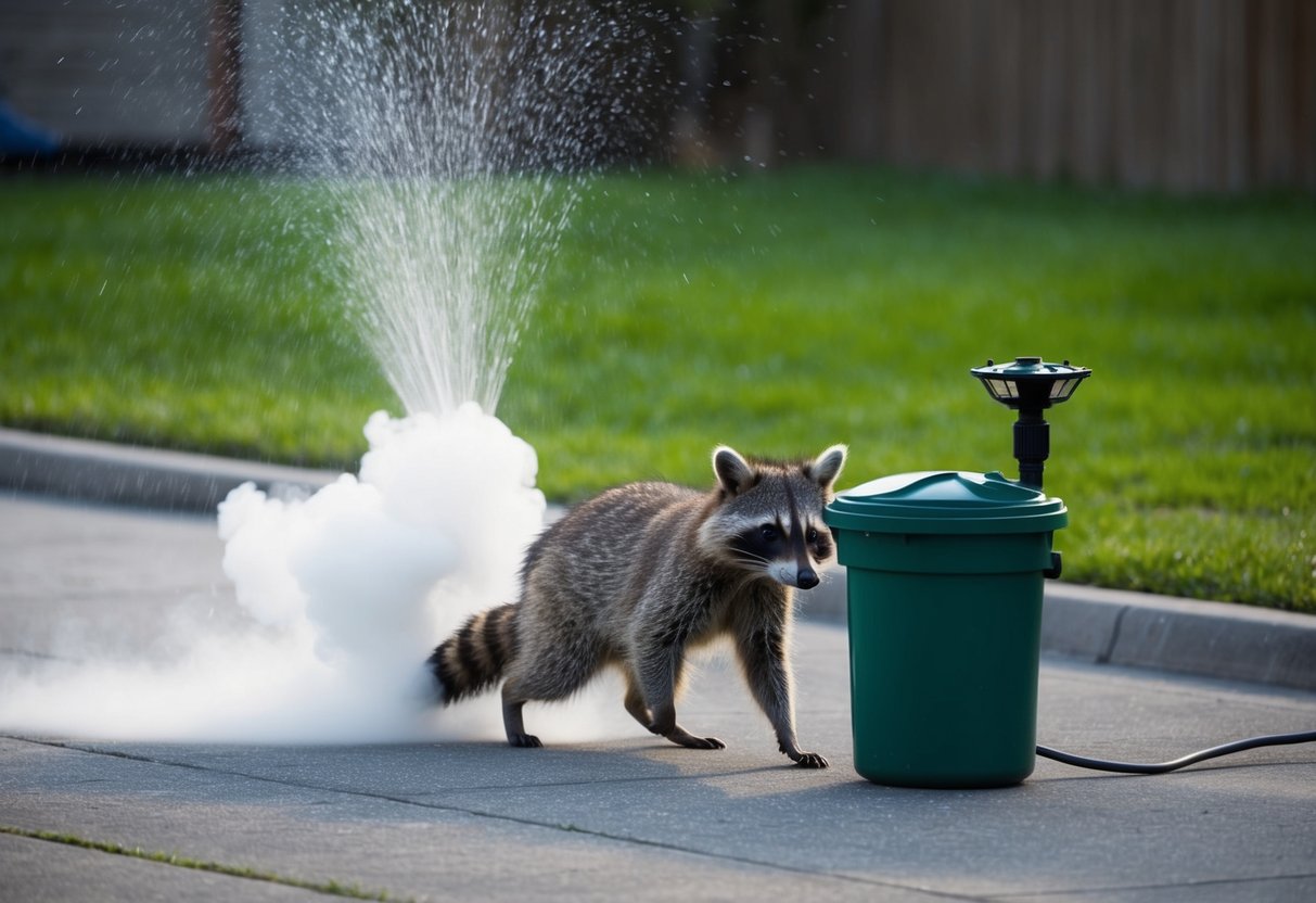 A raccoon recoils from a pungent cloud of ammonia as it approaches a trash can, while a motion-activated sprinkler stands guard nearby