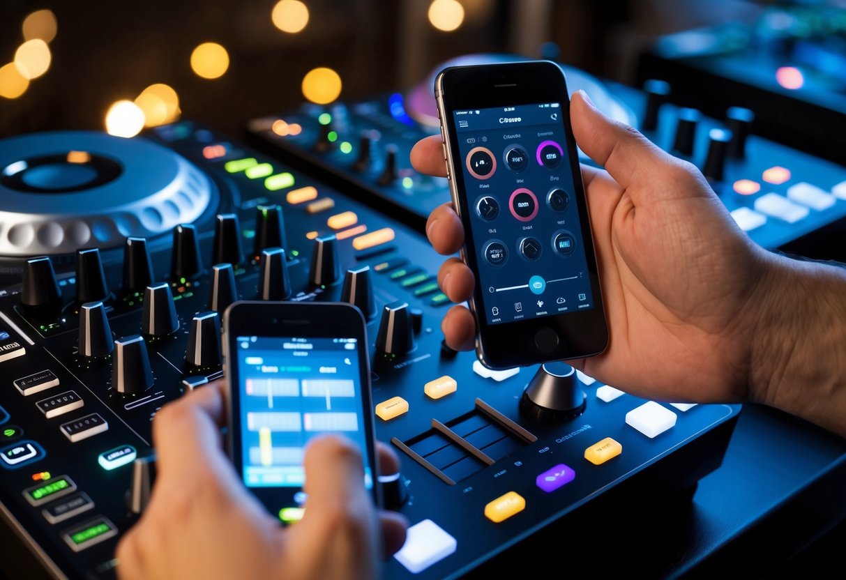A person connects their phone to a DJ controller with various knobs, buttons, and faders. The phone screen displays a music mixing app