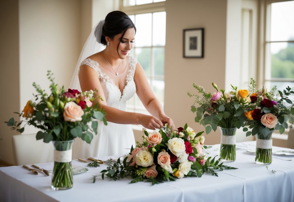 A bride arranging flowers and decorations on a table for her wedding