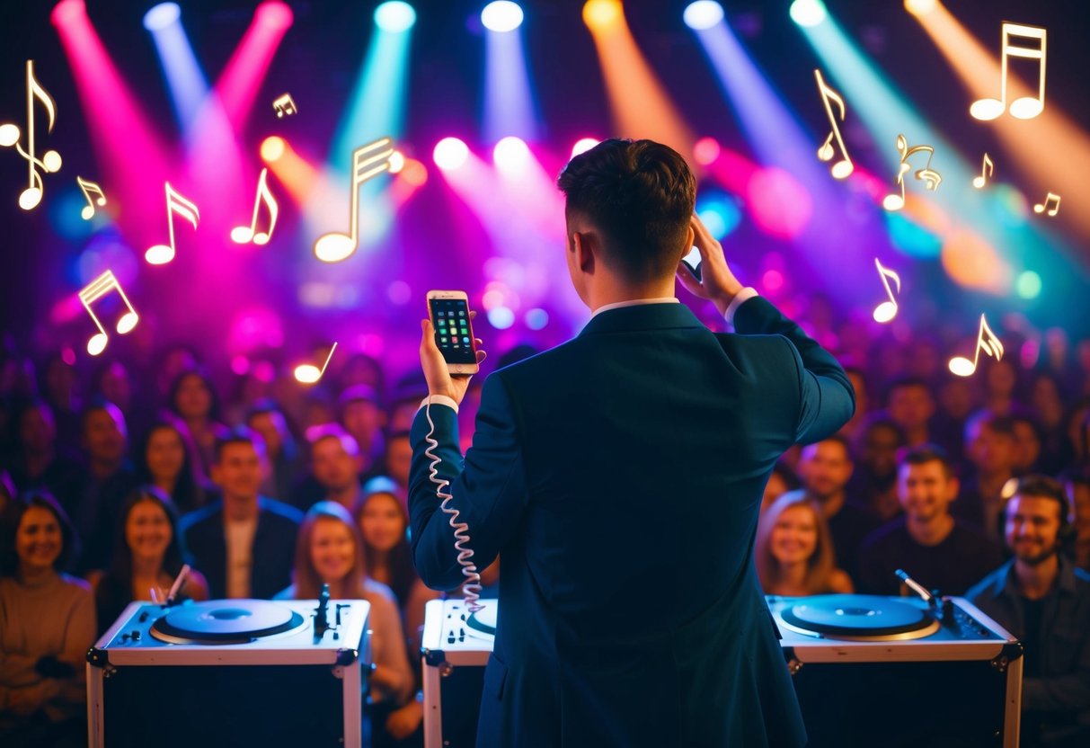 A person standing in front of a crowd, holding a phone connected to a sound system, with colorful lights and music notes floating in the air