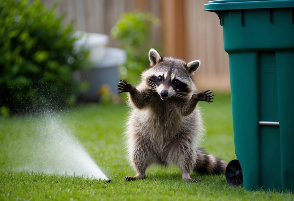 A raccoon recoiling from a strong scent of ammonia sprayed around a trash can