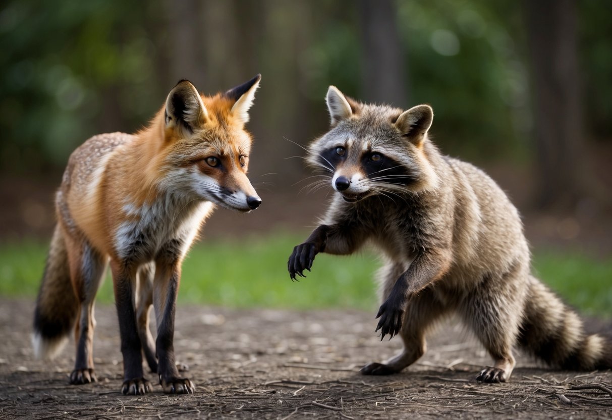 A fox cautiously eyes a raccoon, standing on hind legs, with its sharp claws raised in a defensive stance
