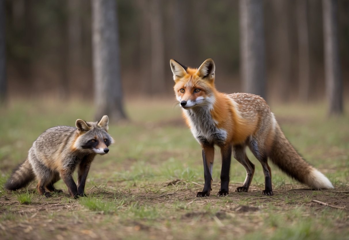 A fox cautiously watches a raccoon from a distance in a forest clearing
