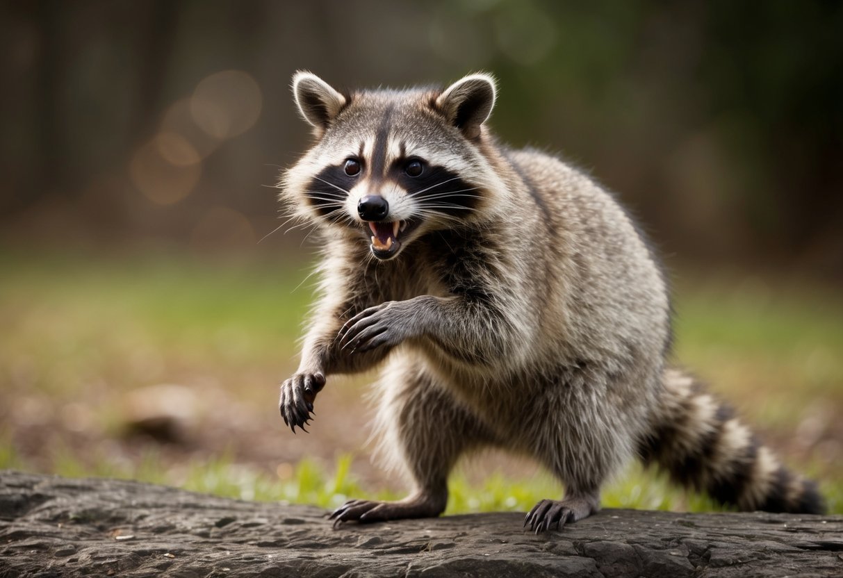 A raccoon bares its teeth and hisses, standing on its hind legs in a defensive posture