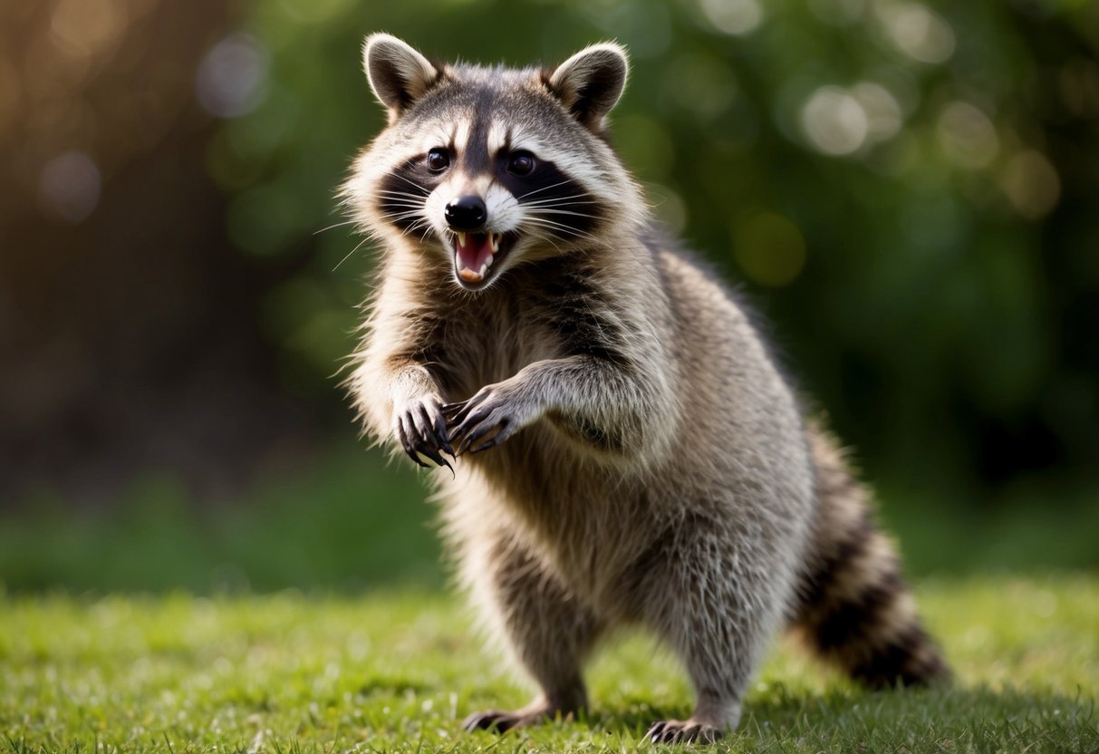 A raccoon bares its teeth and hisses, standing on its hind legs in a defensive posture