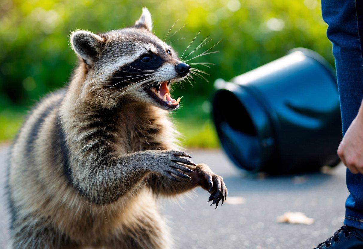 A raccoon hissing and baring its teeth at a person with a trash can knocked over in the background
