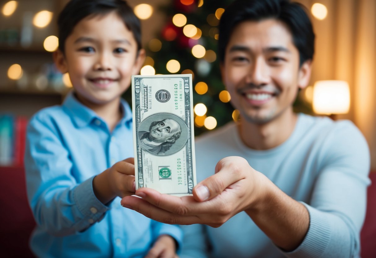 A parent holds out a large sum of money as a gift to a child