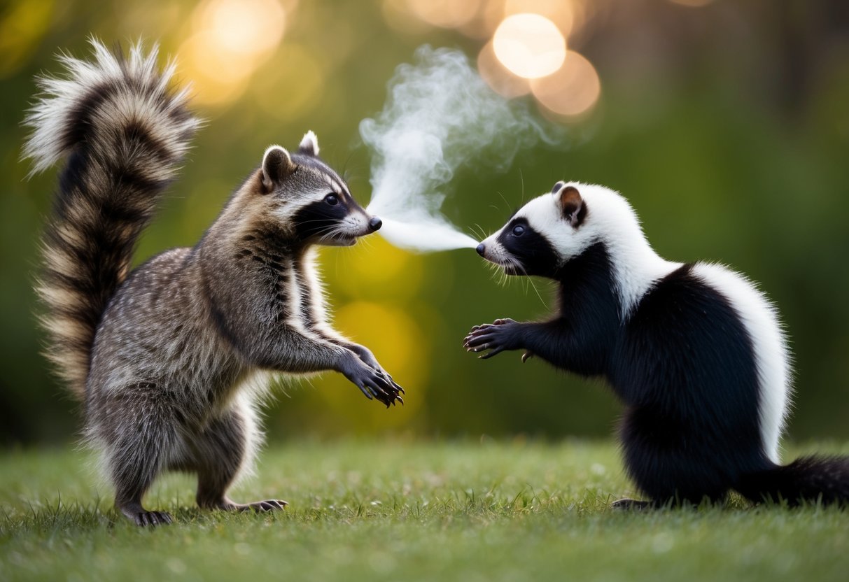 A raccoon and a skunk facing each other, with the raccoon raising its tail and the skunk spraying a mist
