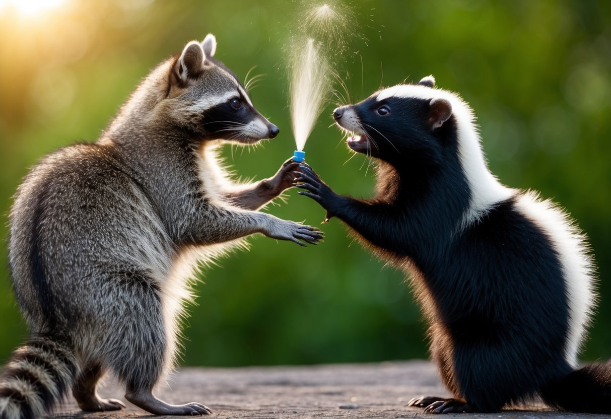 A raccoon and a skunk facing each other, both lifting their tails and emitting a spray from their scent glands