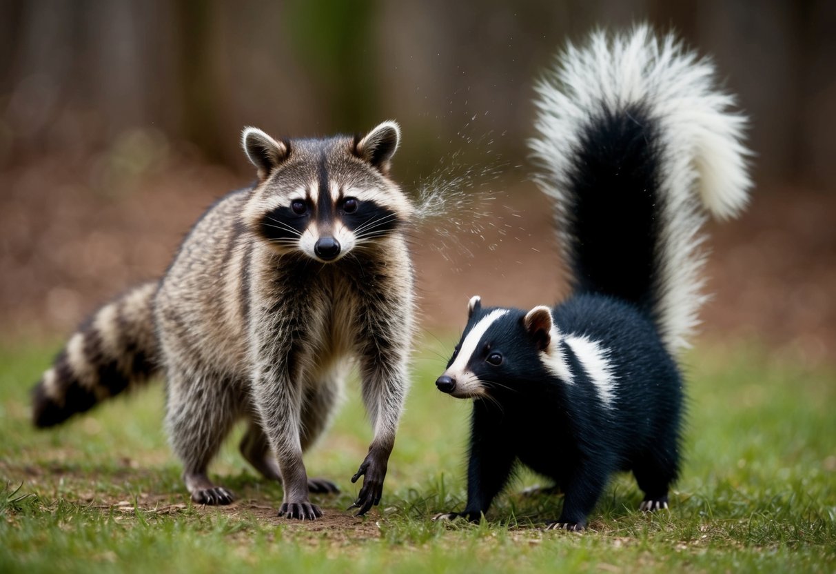A raccoon with its distinct facial markings stands near a skunk, both with raised tails. The raccoon appears to be spraying, while the skunk emits a strong odor