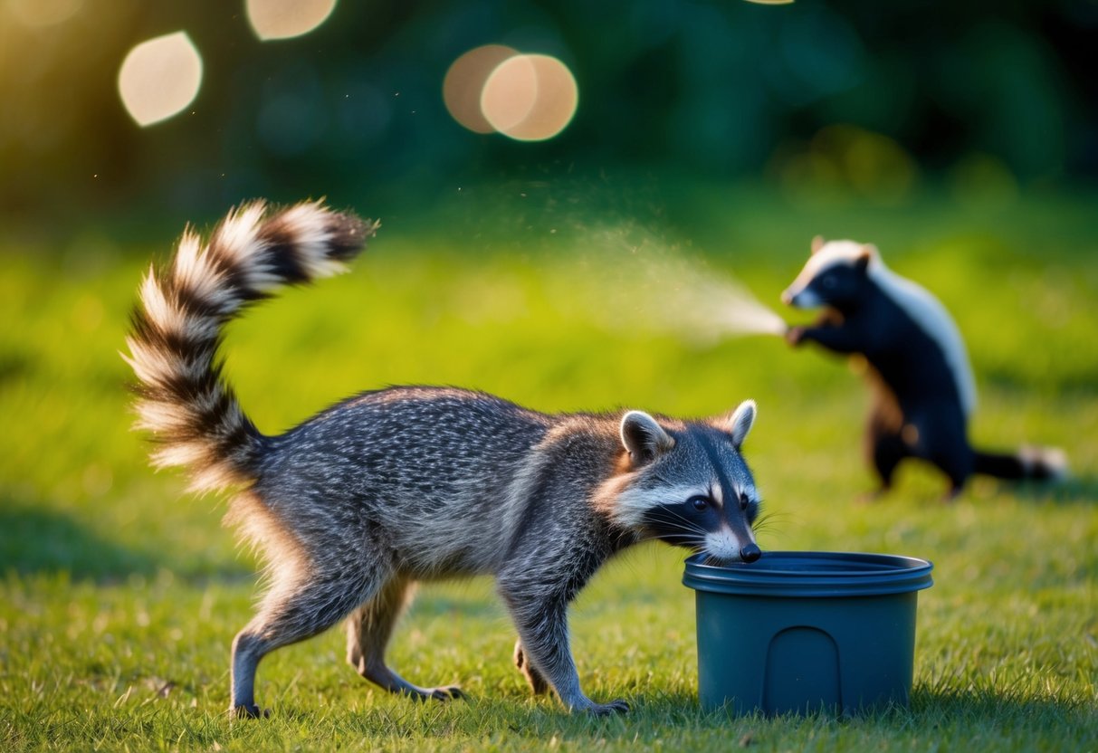 A raccoon cautiously approaches a trash can, its tail raised in a defensive posture, while a skunk sprays in the background