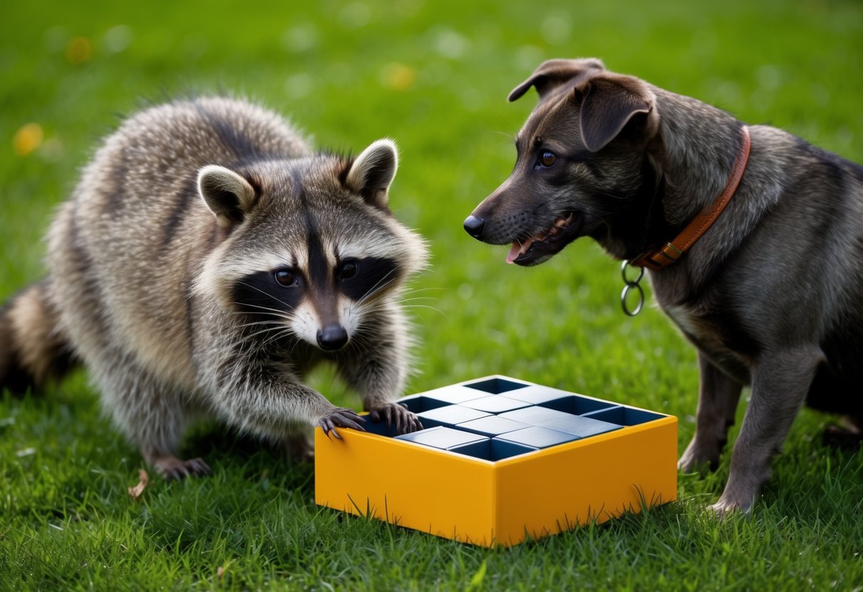 A raccoon solves a puzzle box while a dog watches, both sitting on a grassy lawn
