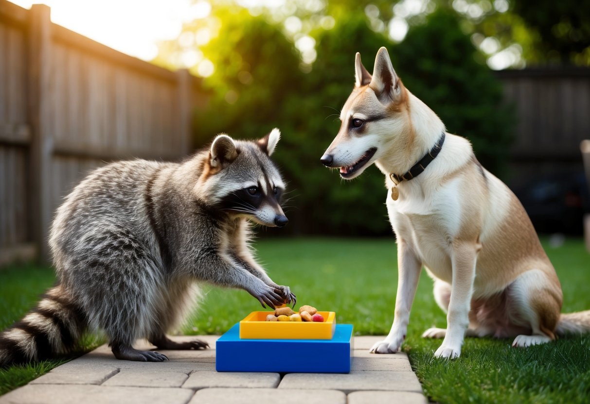 A raccoon and a dog face off in a backyard, each trying to solve a puzzle box for a hidden treat