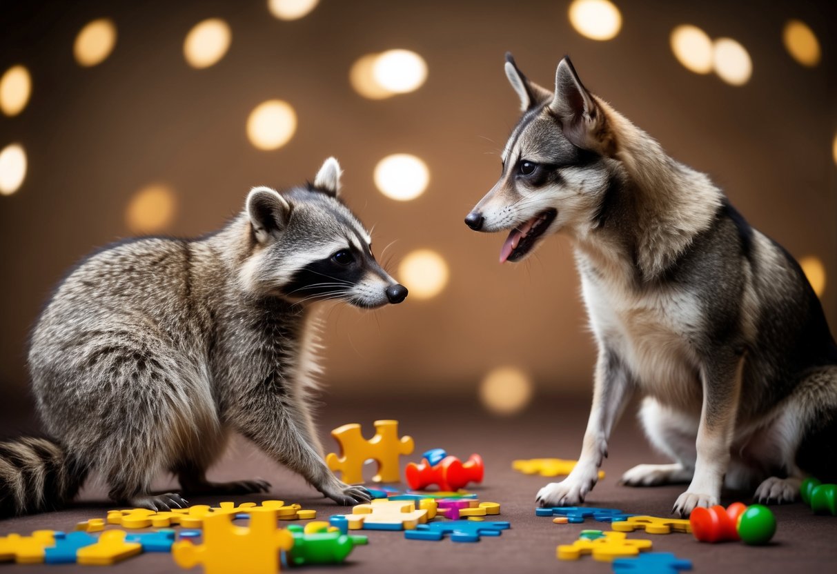 A raccoon and a dog face off in a game of wits, surrounded by scattered puzzle pieces and toys