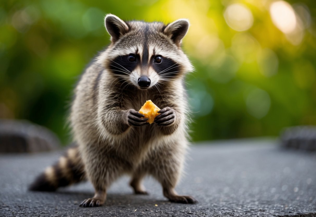A raccoon standing on its hind legs, holding a piece of food in its front paws, with a curious and intelligent expression on its face