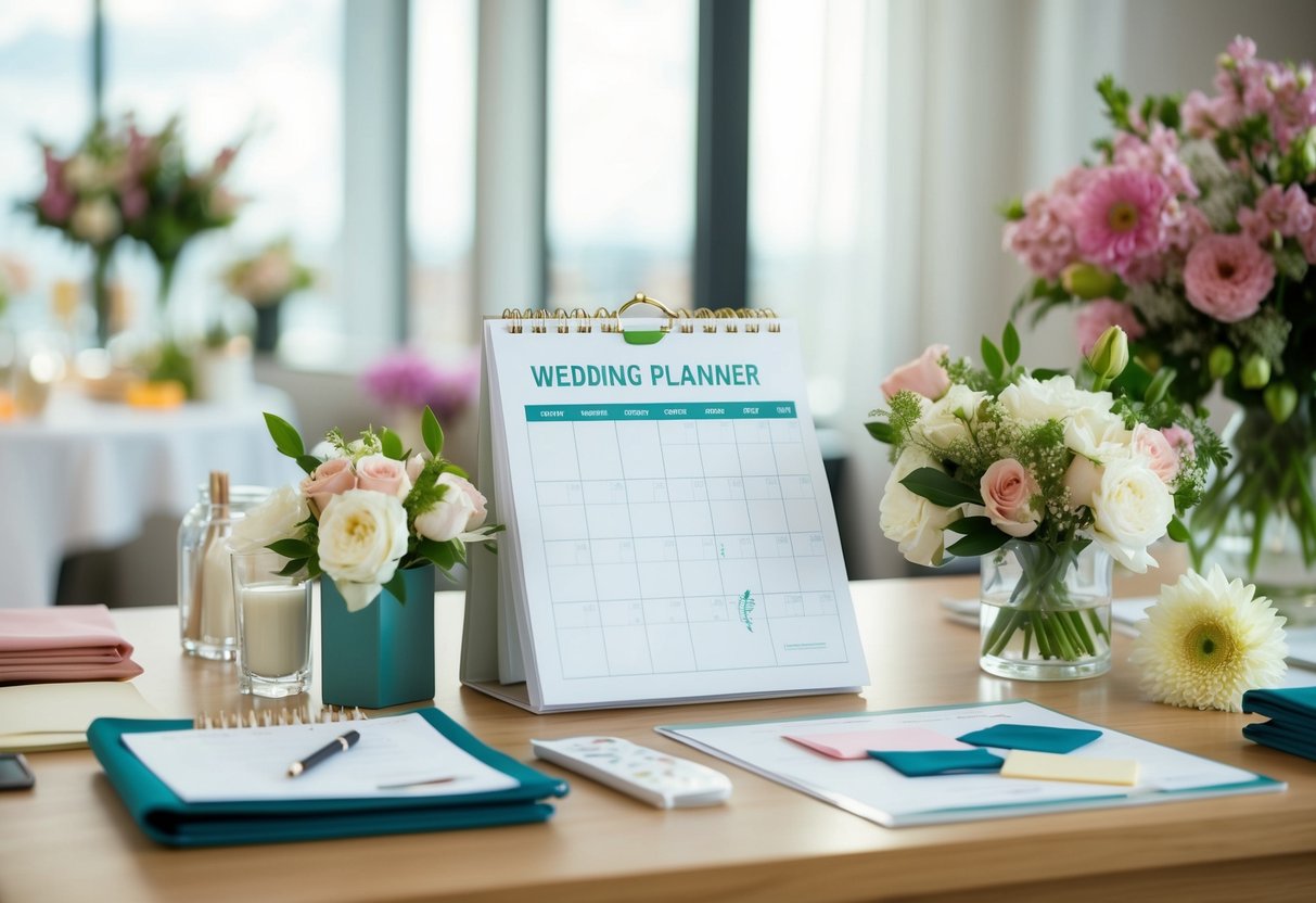 A bustling wedding planner's desk with a calendar, checklist, and samples of flowers and fabrics