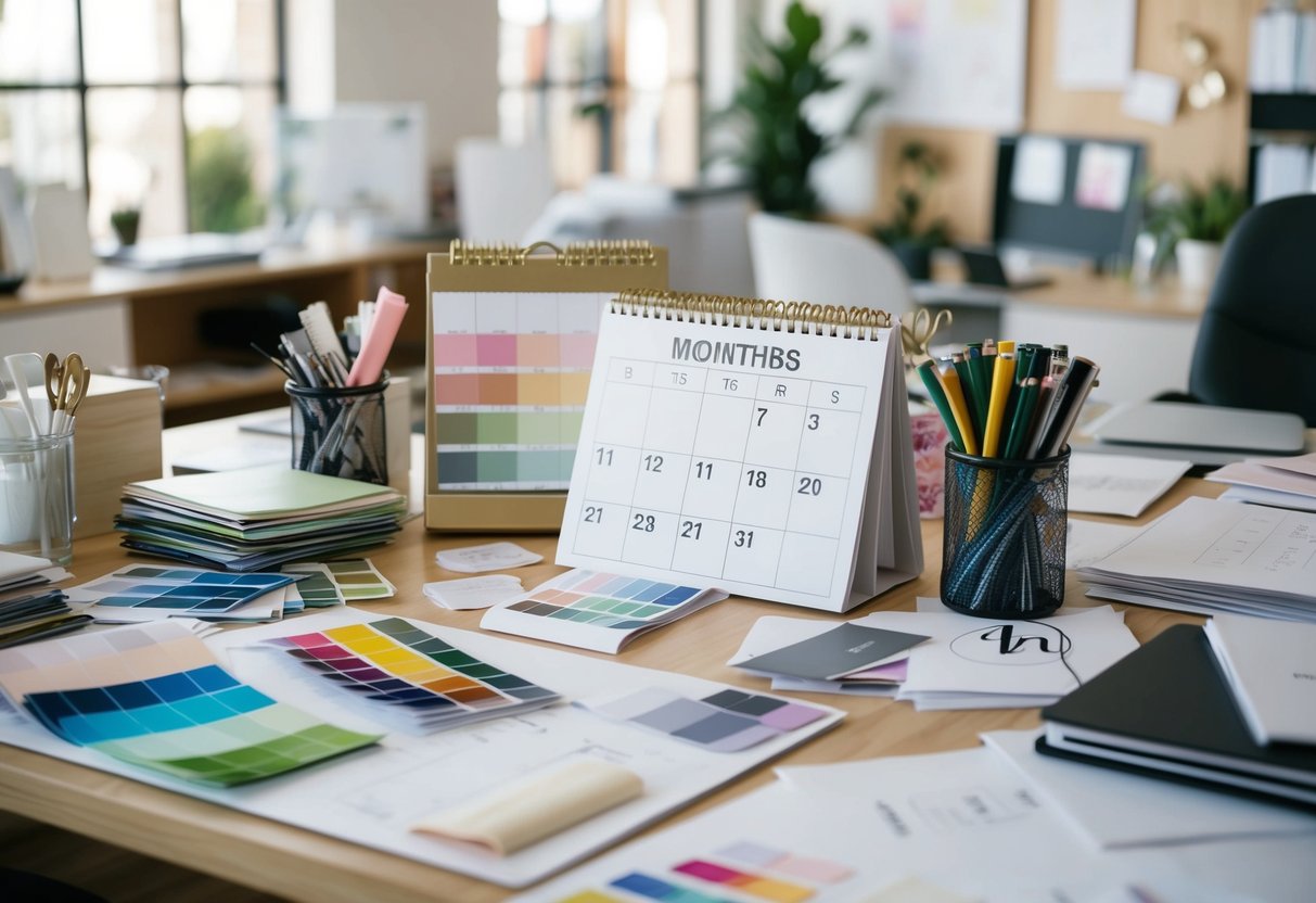 A bustling wedding planner's office, filled with color swatches, fabric samples, and design sketches scattered across the desk. A calendar prominently displays the date three months from today