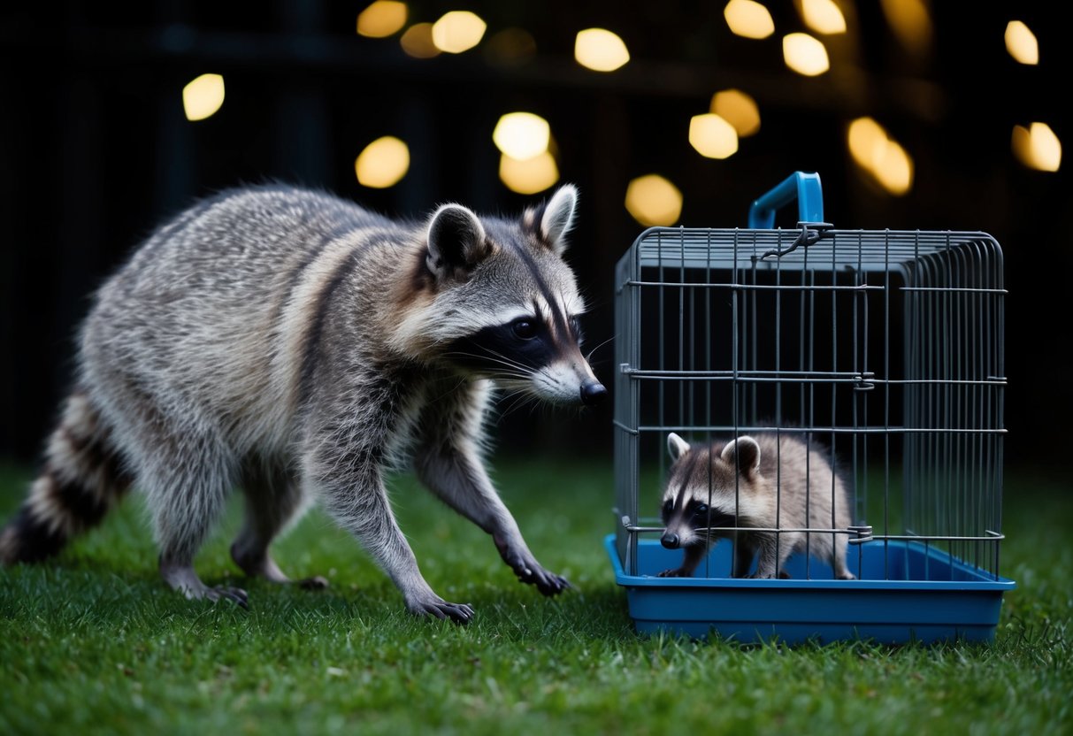 A raccoon sneaks into a backyard at night, eyeing a small pet in its cage