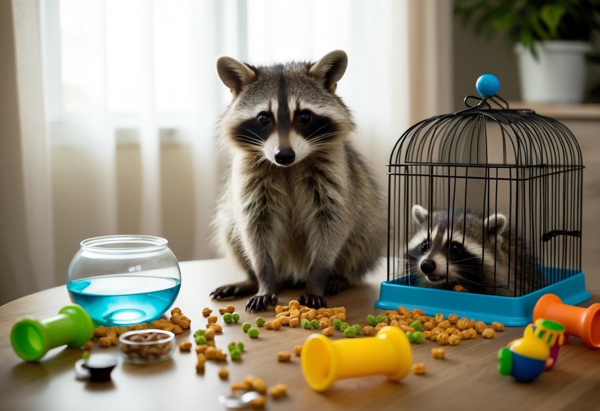 A raccoon sits at a table, surrounded by scattered pet food and toys. A small birdcage and fishbowl are overturned, with the raccoon peeking inside