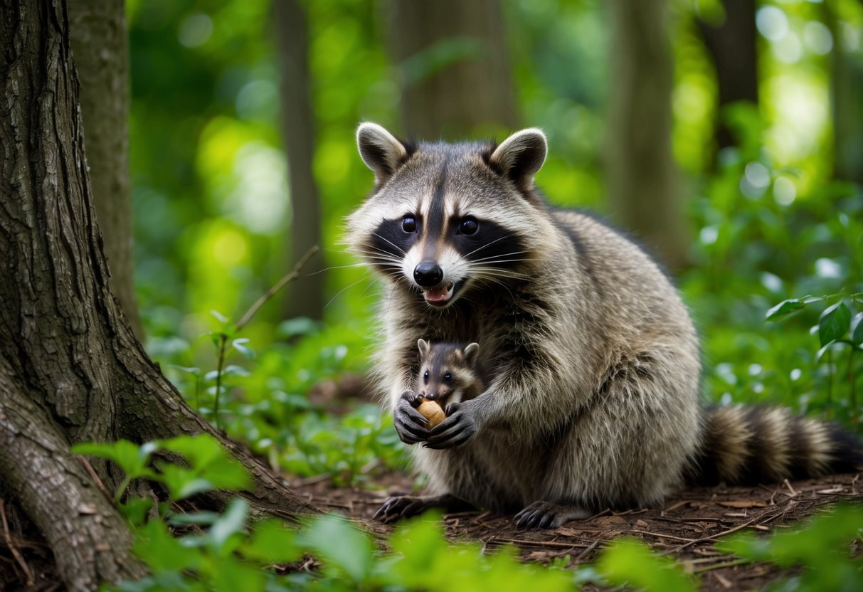 A raccoon sits in a lush forest, surrounded by trees and underbrush. It holds a small animal in its paws, its sharp teeth bared as it prepares to eat