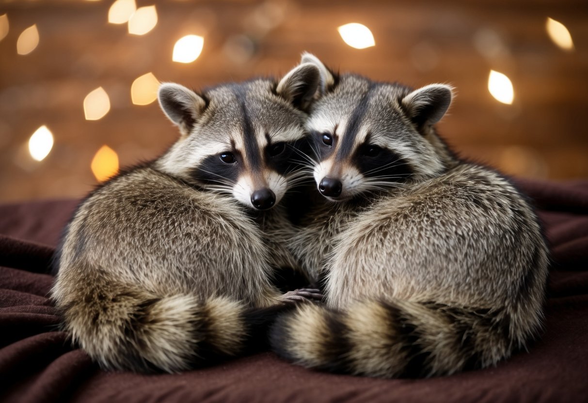 Two raccoons snuggled together on a cozy blanket, their furry bodies intertwined in a loving embrace