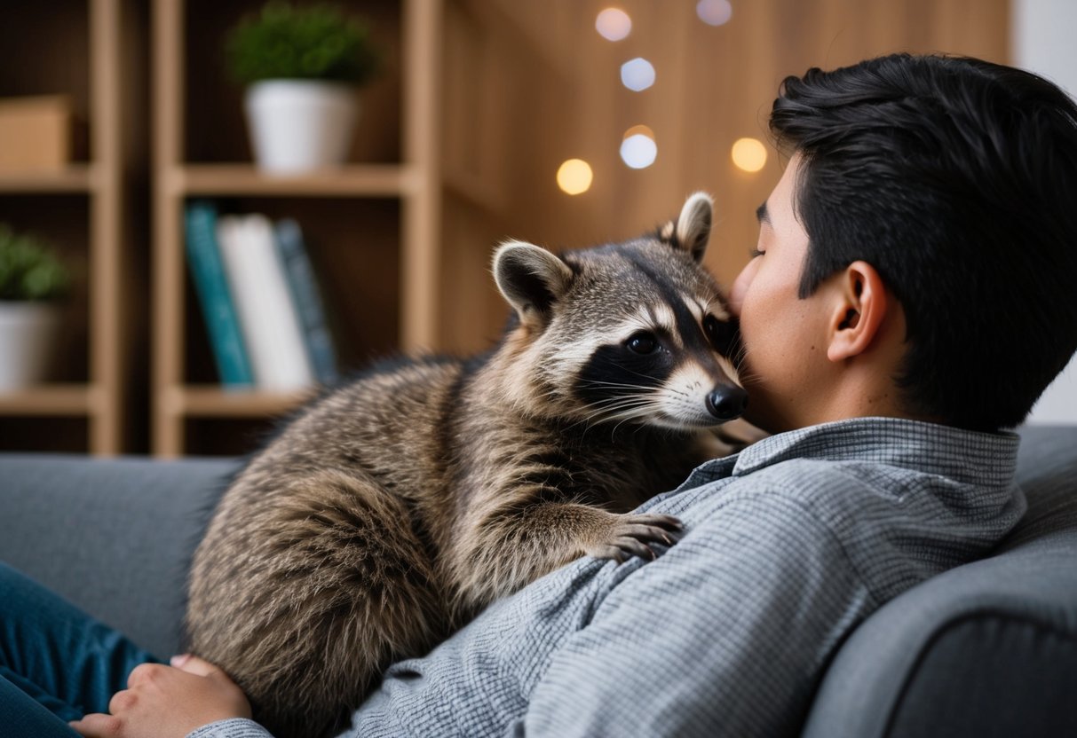 A raccoon snuggles up to a person on a couch, nuzzling their cheek with affection