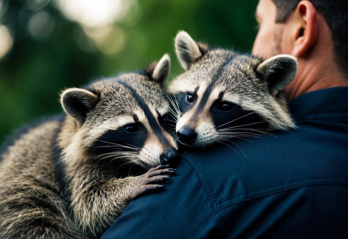 A raccoon nestling against a person's side, their heads tucked together, both appearing content and relaxed