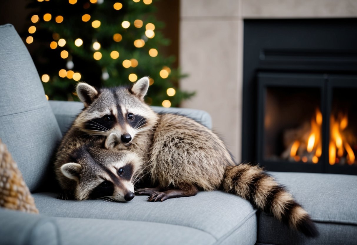 A pet raccoon cuddles with its owner on a cozy sofa by the fireplace