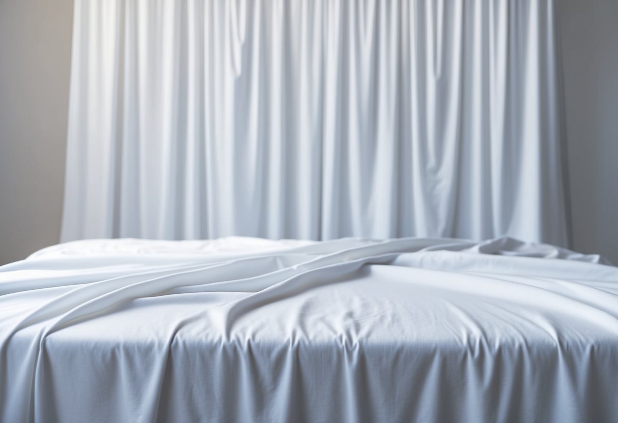 A white bed sheet hangs as a backdrop, softly draped with no wrinkles