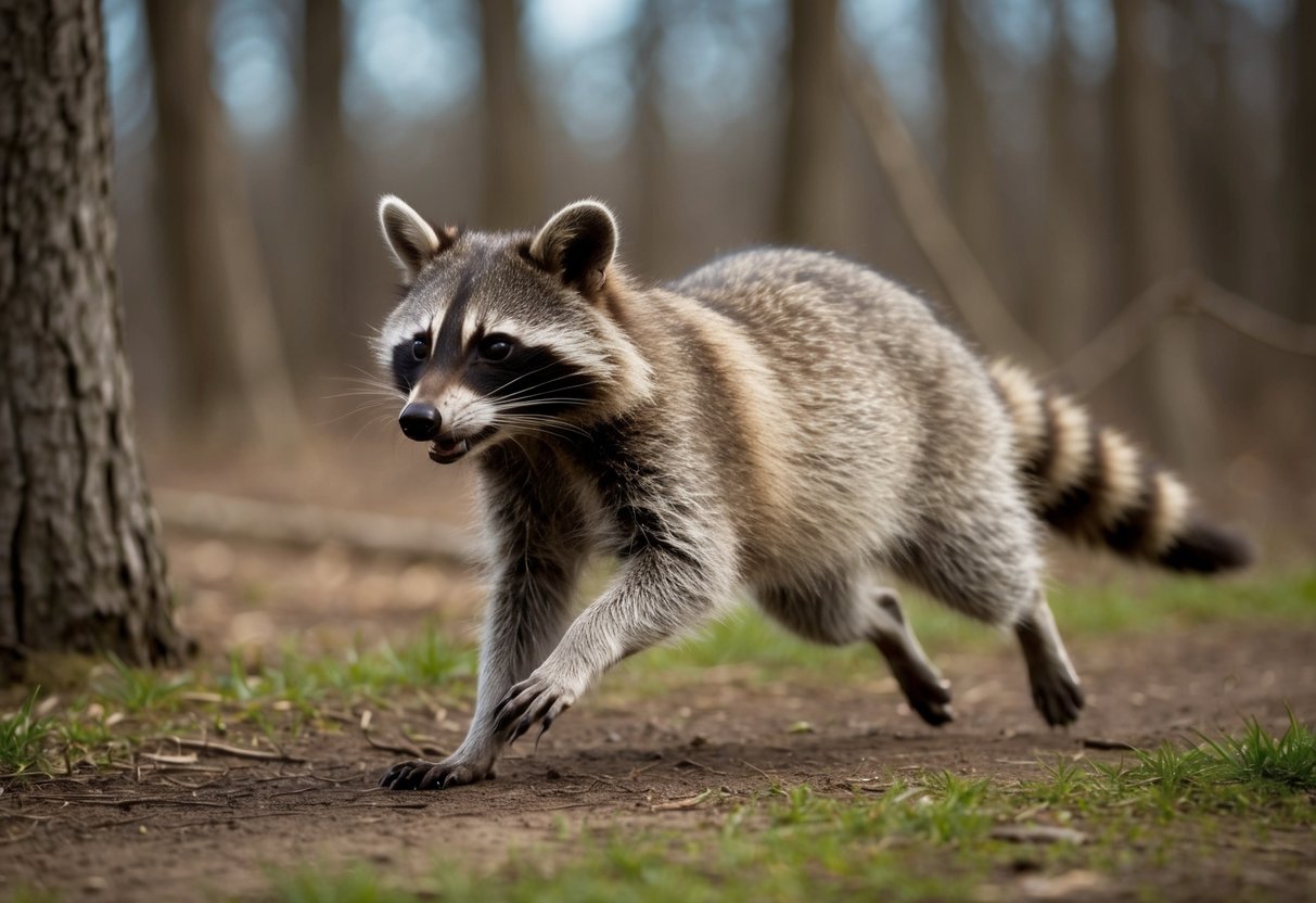 A raccoon running through a wooded area, with its distinctive facial mask and ringed tail visible, showcasing its agility and speed