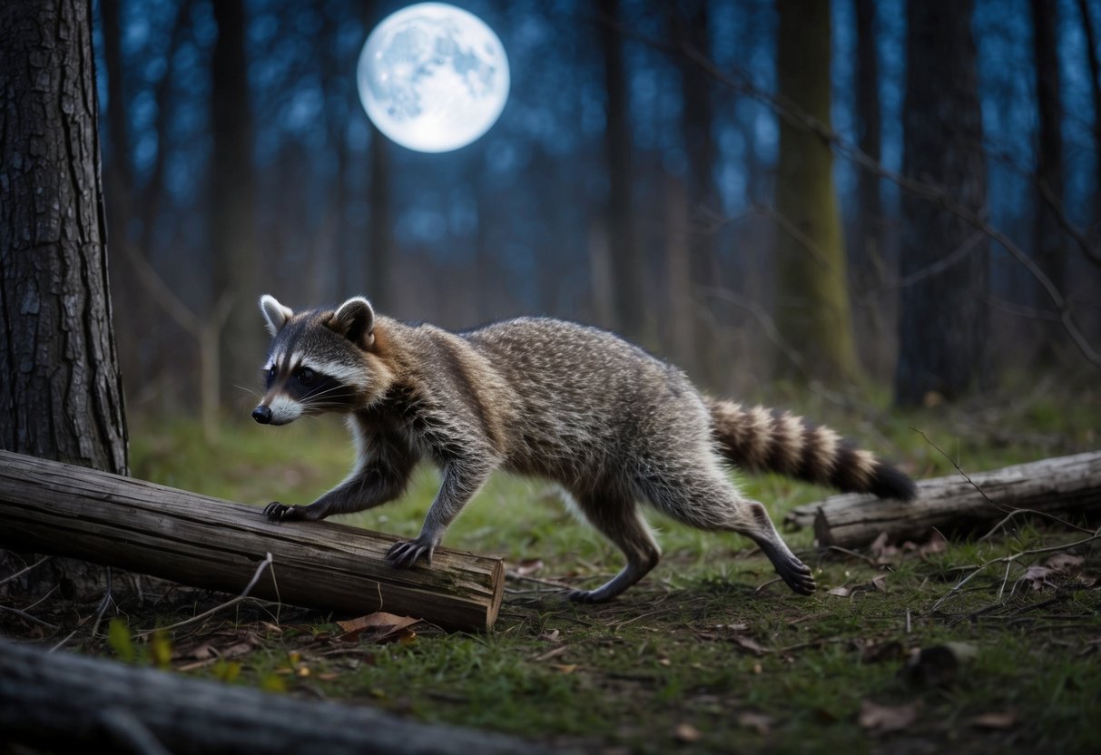 A raccoon darts through a moonlit forest, its agile form sprinting effortlessly over fallen logs and through thick underbrush