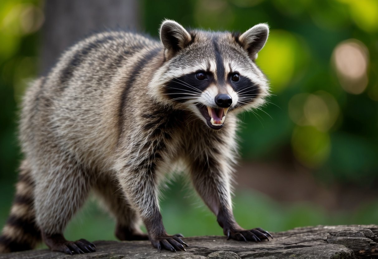 A raccoon hisses, baring its teeth, as it stands on its hind legs, its eyes narrowed and ears flattened in a defensive stance