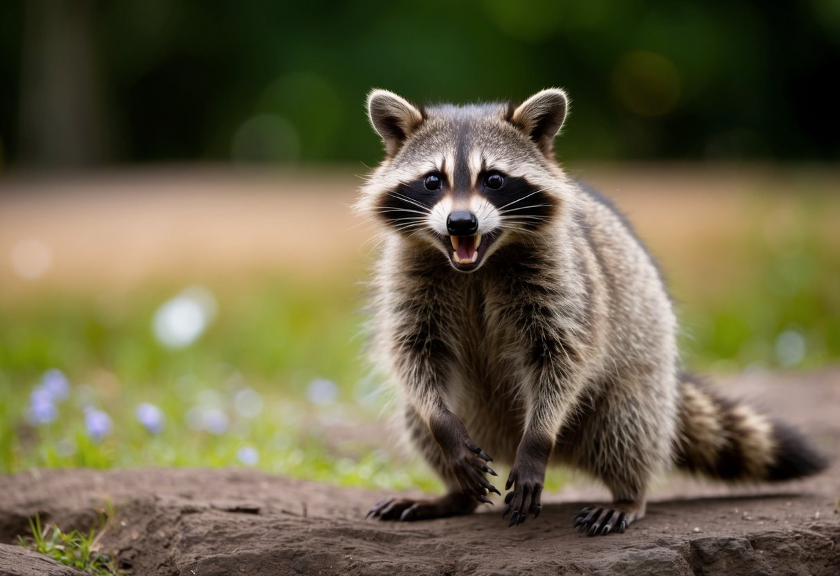 A raccoon hisses while standing on hind legs, back arched, and baring its teeth defensively