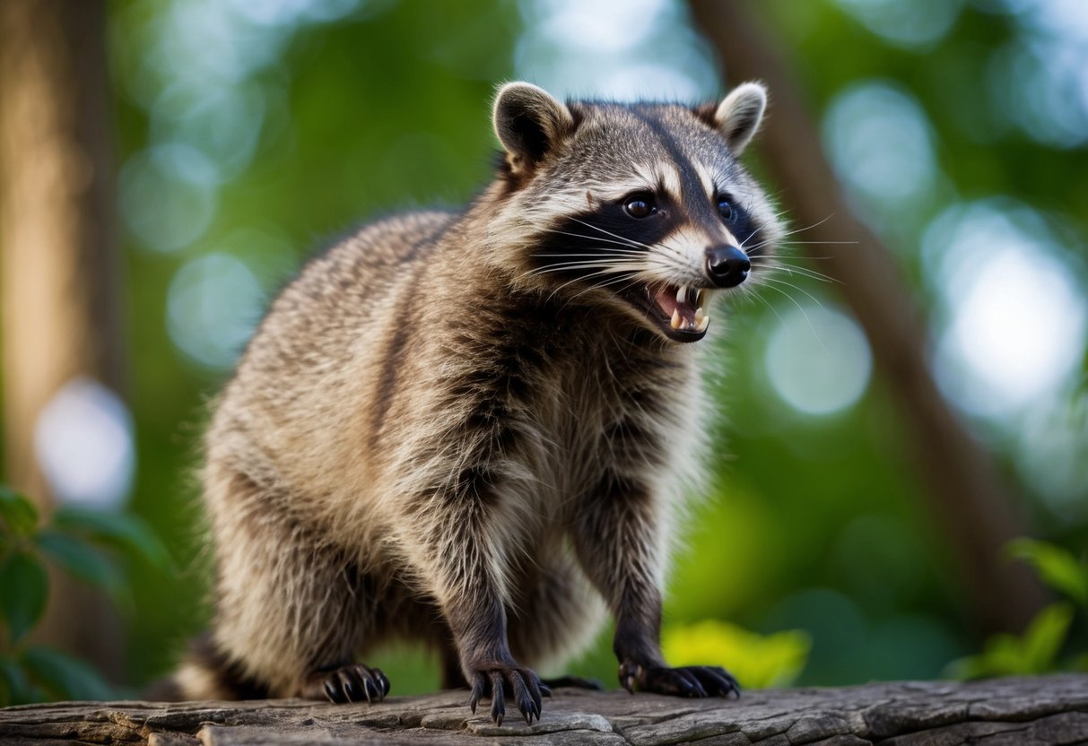 A raccoon hisses, bares its teeth, and arches its back defensively