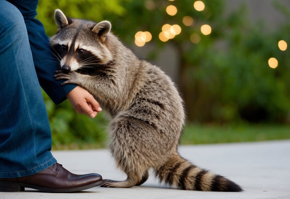 A raccoon scratching a person's leg, with the person looking concerned