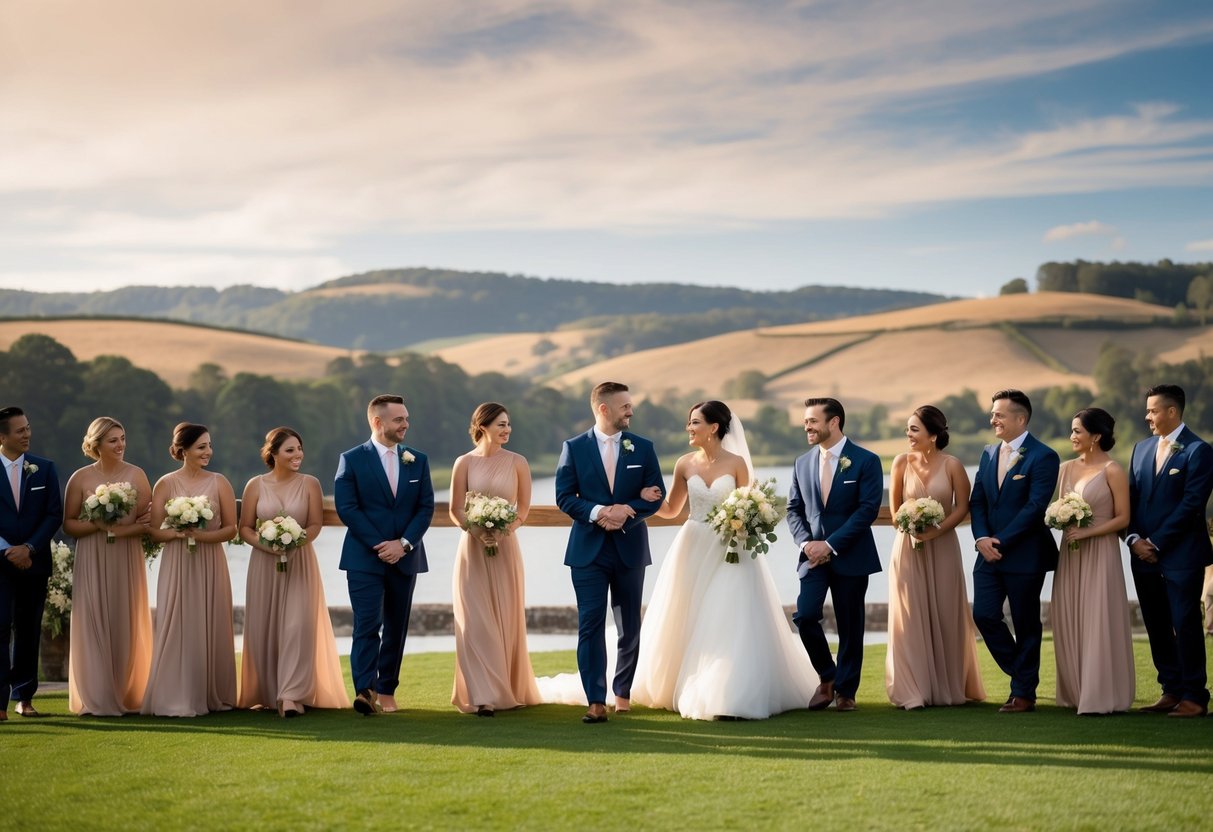 An elegant outdoor wedding with a warm color palette, guests in formal attire, and a picturesque setting with a view of rolling hills or a serene lake