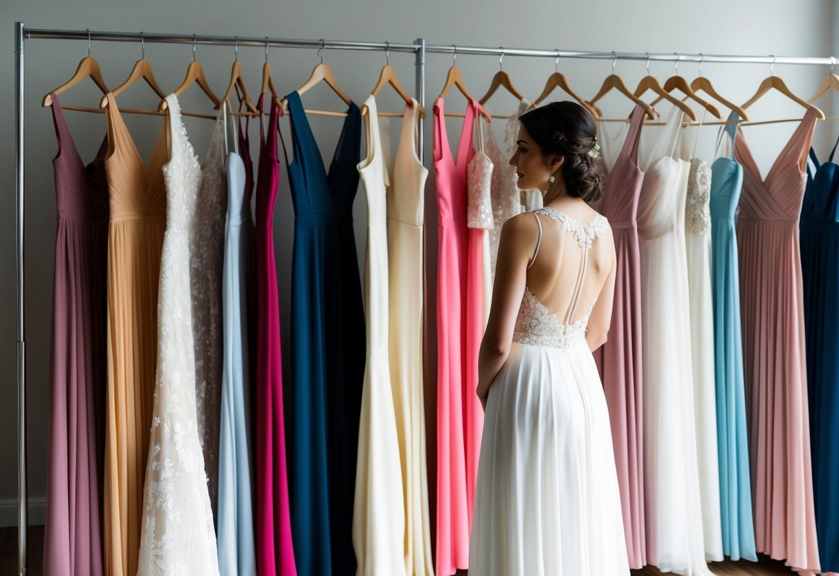 A woman stands in front of a rack of elegant maxi dresses, contemplating her choice for a wedding. The dresses vary in color, style, and fabric, creating a beautiful and sophisticated scene