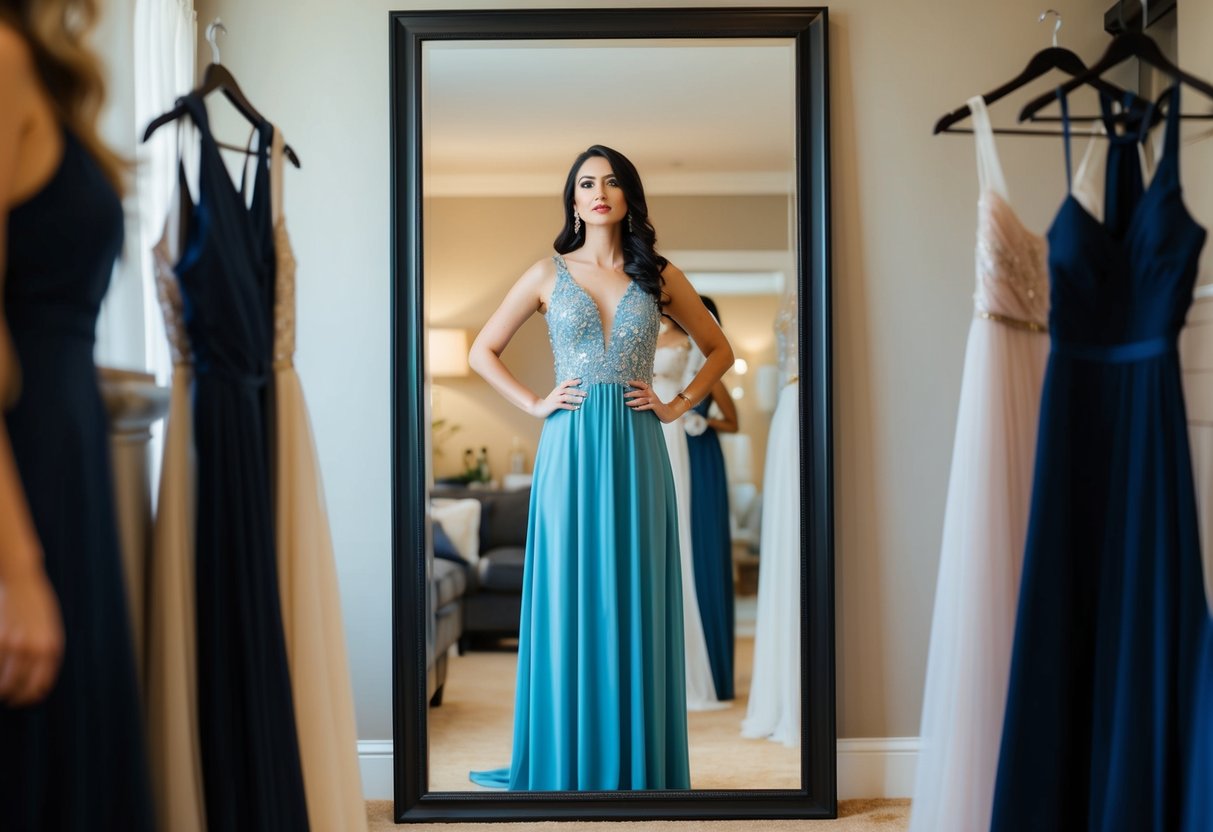 A woman stands in front of a full-length mirror, trying on different accessories with her flowing maxi dress, contemplating whether it's suitable for a wedding