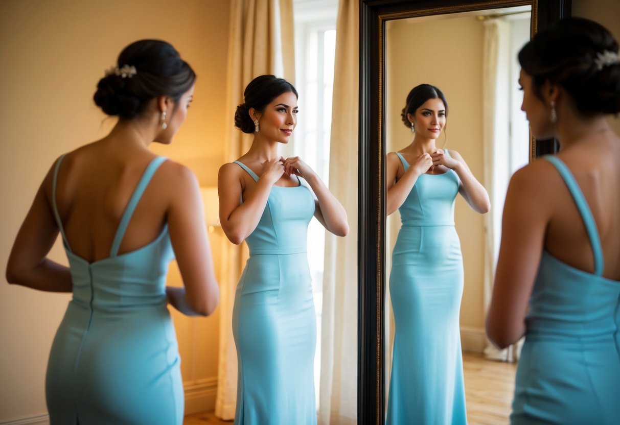 A woman in a fitted maxi dress stands in front of a full-length mirror, assessing her reflection with a critical eye. She adjusts the neckline and smooths the fabric over her hips, contemplating her outfit choice for an upcoming wedding