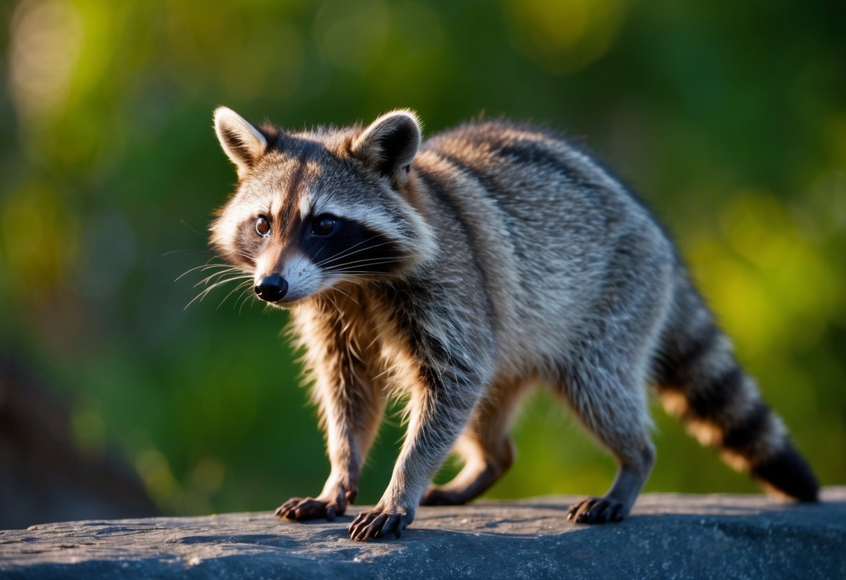 A raccoon stands on hind legs, its eyes focused and curious, as it cautiously sniffs the air