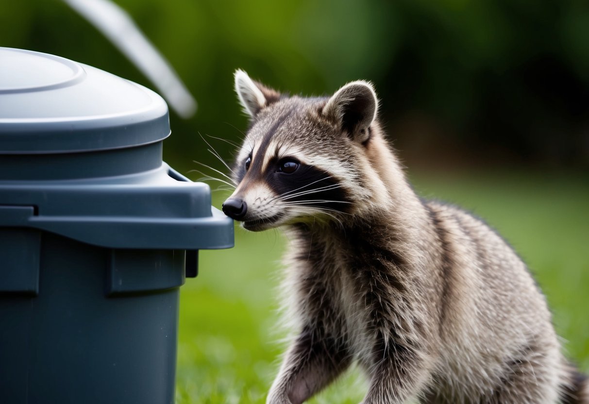 A raccoon cautiously approaches a trash can, sniffing the air. Its eyes are alert and its body language is wary